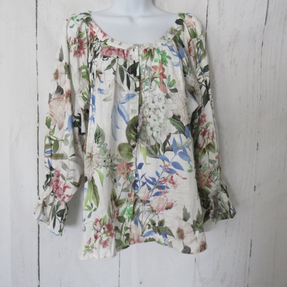 Carolina Top M L White Floral Linen‎ Button Up Flowy Lagenlook Beachy Minimalist